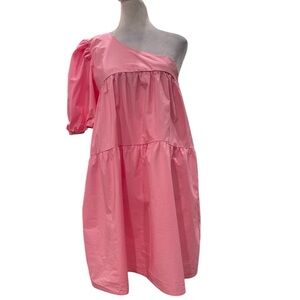 THINGS BETWEEN L pink one-shoulder tiered dress with a puff sleeve & pockets